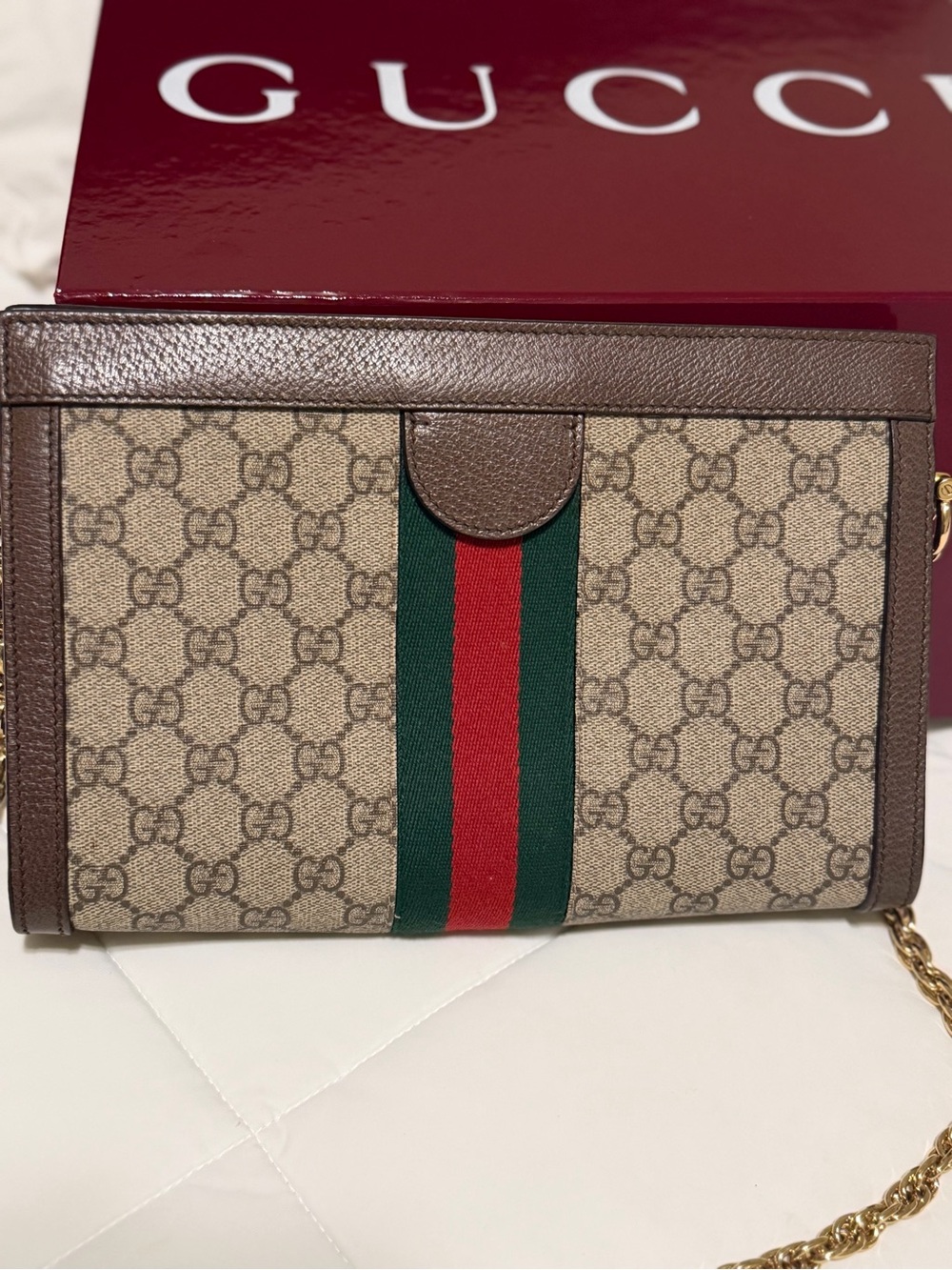 Gucci Brown GG Supreme Crossbody with Green-Red Web